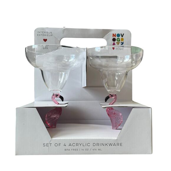Novogratz Acrylic Pink Flamingo Pitcher & Stemmed Margarita Glass Set of 4 NEW - Picture 5 of 16